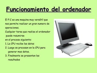Funcionamiento del ordenador El P.C es una maquina muy versátil que nos permite realizar un gran numero de operaciones. Cualquier tarea que realiza el ordenador puede resumirse en el proceso siguiente: 1. La CPU recibe los datos 2. Luego se procesan en la CPU para generar mas datos. 3. Finalmente se presentan los resultados 