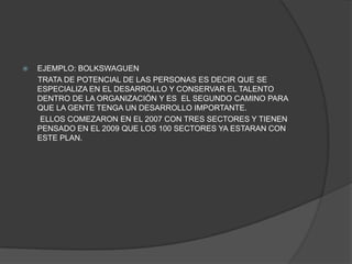 EJEMPLO: BOLKSWAGUEN TRATA DE POTENCIAL DE LAS PERSONAS ES DECIR QUE SE ESPECIALIZA EN EL DESARROLLO Y CONSERVAR EL TALENTO DENTRO DE LA ORGANIZACIÓN Y ES EL SEGUNDO CAMINO PARA QUE LA GENTE TENGA UN DESARROLLO IMPORTANTE. ELLOS COMEZARON EN EL 2007 CON TRES SECTORES Y TIENEN PENSADO EN EL 2009 QUE LOS 100 SECTORES YA ESTARAN CON ESTE PLAN.