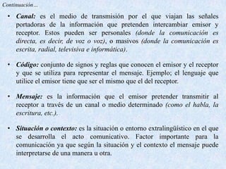 Continuación…Canal: es el medio de transmisión por el que viajan las señales portadoras de la información que pretenden intercambiar emisor y receptor. Estos pueden ser personales (donde la comunicación es directa, es decir, de voz o voz), o masivos (donde la comunicación es escrita, radial, televisiva e informática).Código: conjunto de signos y reglas que conocen el emisor y el receptor y que se utiliza para representar el mensaje. Ejemplo; el lenguaje que utilice el emisor tiene que ser el mismo que el del receptor.Mensaje: es la información que el emisor pretender transmitir al receptor a través de un canal o medio determinado (como el habla, la escritura, etc.).Situación o contexto: es la situación o entorno extralingüístico en el que se desarrolla el acto comunicativo. Factor importante para la comunicación ya que según la situación y el contexto el mensaje puede interpretarse de una manera u otra.