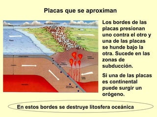 Placas que se aproximan Los bordes de las placas presionan uno contra el otro y una de las placas se hunde bajo la otra. Sucede en las zonas de subducción.  Si una de las placas es continental puede surgir un orógeno.  En estos bordes se destruye litosfera oceánica 