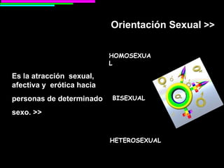 Orientación Sexual  >> HOMOSEXUAL BISEXUAL HETEROSEXUAL Es la atracción  sexual, afectiva y  erótica hacia  personas de determinado  sexo. >> 
