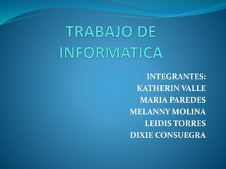 INTEGRANTES:
KATHERIN VALLE
MARIA PAREDES
MELANNY MOLINA
LEIDIS TORRES
DIXIE CONSUEGRA
 