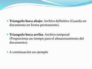  Triangulo boca abajo: Archivo definitivo (Guarda un
documento en forma permanente).
 Triangulo boca arriba: Archivo temporal
(Proporciona un tiempo para el almacenamiento del
documento).
 A continuación un ejemplo
 