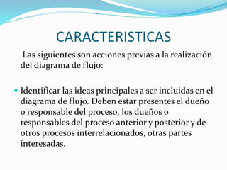 CARACTERISTICAS
Las siguientes son acciones previas a la realización
del diagrama de flujo:
 Identificar las ideas principales a ser incluidas en el
diagrama de flujo. Deben estar presentes el dueño
o responsable del proceso, los dueños o
responsables del proceso anterior y posterior y de
otros procesos interrelacionados, otras partes
interesadas.
 