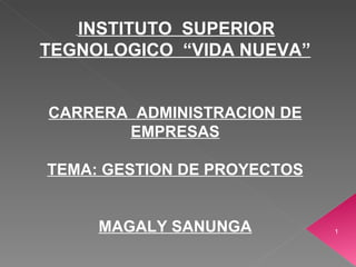 INSTITUTO  SUPERIOR TEGNOLOGICO  “VIDA NUEVA” CARRERA  ADMINISTRACION DE EMPRESAS TEMA: GESTION DE PROYECTOS MAGALY SANUNGA 