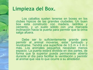 Limpieza del Box. Los caballos suelen tenerse en boxes en los clubes hipicos de las grandes ciudades. Un buen box esta construido con madera, ladrillos y cemento, y un suelo sólido con una marcada inclinación hacia la puerta para permitir que la orina salga afuera. Debe ser lo suficientemente grande para permitir al animal moverse, estar tumbado y revolcarse. Tendrá una superficie de 3,5 m x 3 m o más. Los animales pequeños necesitan menos espacio. La puerta estará dividida en dos partes, de forma que la superior pueda permanecer abierta durante el día para facilitar la ventilación y permitir al animal que vea lo que ocurre a su alrededor. 
