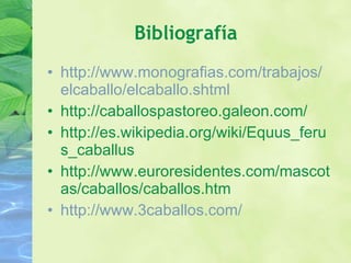 Bibliografía   http:// www.monografias.com /trabajos/ elcaballo / elcaballo.shtml http://caballospastoreo.galeon.com/ http://es.wikipedia.org/wiki/Equus_ferus_caballus http://www.euroresidentes.com/mascotas/caballos/caballos.htm http:// www .3caballos. com / 
