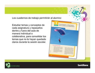 Los cuadernos de trabajo permitirán al alumno:


Estudiar temas y conceptos de
cada asignatura y repasarlos
dentro y fuera del aula de
manera individual o
colaborativa, para consolidar los
temas que no le hayan quedado
claros durante la sesión escolar.
 