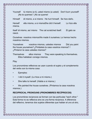 Yourself tú mismo (a ti), usted mismo (a usted) Don't burn yourself!
     ¡No te quemes! / ¡No se queme!

Himself      él mismo, a si mismo He hurt himself. Se hizo daño.

Herself      ella misma, a si mismaShe did it herself.     Lo hizo ella
misma.

Itself él mismo, así mismo     The cat scratched itself.   El gato se
rascó.

Ourselves nosotros mismosWe made it ourselves. Lo hemos hecho
nosotros mismos.

Yourselves       vosotros mismos, ustedes mismos       Did you paint
the house yourselves? ¿Pintásteis la casa vosotros mismos? /
¿Pintaron la casa ustedes mismos?

Themselves     ellos mismos    They were speaking to themselves.
    Ellos hablaban consigo mismos.

Play

Los pronombres reflexivos se usan cuando el sujeto y el complemento
del verbo son la misma cosa:

•      Ejemplos:

•      I did it myself. (Lo hice a mi mismo.)

•      She talks to herself. (Habla a si misma.)

•   We painted the house ourselves. (Pintamos la casa nosotros
mismos.)

RECIPROCAL PRONOUNS (PRONOMBRES RECÍPROCOS)

Los pronombres recíprocos se forman con las partículas "each other."
Esta forma no es reflexiva sino es una forma recíproca. A diferencia
del reflexivo, tenemos dos sujetos diferentes que hablan el uno al otro,
 