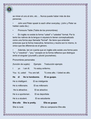 se miran el uno al otro, etc…. Nunca puede haber más de dos
personas.

•    John and Peter speak to each other everyday. (John y Peter se
hablan cada día.)

•        Pronouns Table (Tabla de los pronombres)

•     En inglés no existe la forma "usted" o "ustedes" formal. Por lo
tanto los nativos de la lengua ni siquiera lo tienen conceptualizado
como una forma aquí llamada "formal". Se tiene que entender
entonces que la forma masculina, femenina y neutra son lo mismo, lo
único que les diferencia es el género.

•      Además, ten en cuenta que en inglés sólo existe una forma para
"tu" y "vosotros" - "you," excepto en la forma reflexiva que distingue
entre el singular (yourself) y plural (yourselves).

Pronombres personales

(función de sujeto)            Ejemplo      Traducción ejemplo

I        yo    I am ill.       Yo estoy enfermo.

You tú, usted            You are tall.      Tú eres alto. / Usted es alto.

He       él    He is handsome.              Él es guapo.

He is intelligent .           El es inteligente

He is millionaire.             El es millonario

    He is attractive .          El es atractivo

He is a sportsman .             El es deportista

He is a student.                El es estudiante

She ella       She is pretty.               Ella es guapa

She is rural.                            Ella es campesina She ella
 