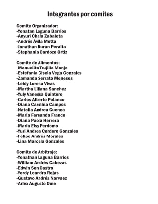 Integrantes por comites
Comite Organizador:
-Yonatan Laguna Barrios
-Anyuri Chala Zabaleta
-Andrés Ávila Motta
-Jonathan Duran Peralta
-Stephania Cardozo Ortiz

Comite de Alimentos:
-Manuelita Trujillo Monje
-Estefania Gisela Vega Gonzales
-Zamanda Serrato Meneses
-Leidy Lorena Vivas
-Martha Liliana Sanchez
-Yuly Vanessa Quintero
-Carlos Alberto Polanco
-Diana Carolina Campos
-Natalia Andrea Cuenca
-Maria Fernanda Franco
-Diana Paola Herrera
-Maria Elsy Perdomo
-Yuri Andrea Cordero Gonzales
-Felipe Andres Morales
-Lina Marcela Gonzales

Comite de Arbitraje:
-Yonathan Laguna Barrios
-William Andrés Cabezas
-Edwin Son Castro
-Yordy Leandro Rojas
-Gustavo Andrés Narvaez
-Arlex Augusto Ome
 