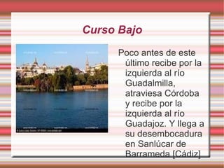 Curso Bajo
      Poco antes de este
       último recibe por la
       izquierda al río
       Guadalmilla,
       atraviesa Córdoba
       y recibe por la
       izquierda al río
       Guadajoz. Y llega a
       su desembocadura
       en Sanlúcar de
       Barrameda [Cádiz]
 