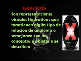 GRAFICOS
Son representaciones
visuales figurativas que
mantienen algún tipo de
relación de analogía o
semejanza con los
conceptos u objetos que
describen.
 