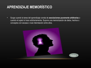 APRENDIZAJE MEMORÍSTICO

•   Surge cuando la tarea del aprendizaje consta de asociaciones puramente arbitrarias o
    cuando el sujeto lo hace arbitrariamente. Supone una memorización de datos, hechos o
    conceptos con escasa o nula interrelación entre ellos.




                                                                            Índice
 