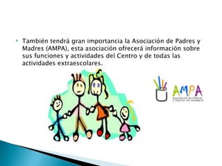    También tendrá gran importancia la Asociación de Padres y
    Madres (AMPA), esta asociación ofrecerá información sobre
    sus funciones y actividades del Centro y de todas las
    actividades extraescolares.
 