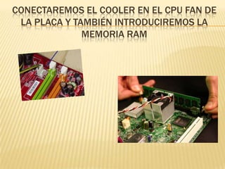 CONECTAREMOS EL COOLER EN EL CPU FAN DE
 LA PLACA Y TAMBIÉN INTRODUCIREMOS LA
              MEMORIA RAM
 