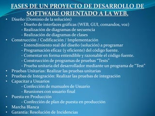 FASES DE UN PROYECTO DE DESARROLLO DE
       SOFTWARE ORIENTADO A LA WEB.
• Diseño (Dominio de la solución)
       - Diseño de interfaces gráficas (WEB, GUI, comandos, voz)
       - Realización de diagramas de secuencia
       - Realización de diagramas de clases
• Construcción / Codificación / Implementación
       - Entendimiento real del diseño (solución) a programar
       - Programación eficaz (y eficiente) del código fuente.
       - Comentar en forma entendible y razonable el código fuente.
       - Construcción de programas de pruebas “Tests”
       - Prueba unitaria del desarrollador mediante un programa de “Test”
• Pruebas Unitarias: Realizar las pruebas unitarias
• Pruebas de Integración: Realizar las pruebas de integración
• Capacitar a Usuarios
       - Confección de manuales de Usuario
       - Reuniones con usuario final
• Puesta en Producción
       - Confección de plan de puesta en producción
• Marcha Blanca
• Garantía: Resolución de Incidencias
 