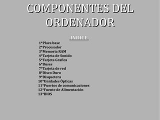 COMPONENTES DEL
  ORDENADOR
                  ÍNDICE
 1*Placa base
 2*Procesador
 3*Memoria RAM
 4*Tarjeta de Sonido
 5*Tarjeta Grafica
 6*Buses
 7*Tarjeta de red
 8*Disco Duro
 9*Disquetera
 10*Unidades Ópticas
 11*Puertos de comunicaciones
 12*Fuente de Alimentación
 13*BIOS
 