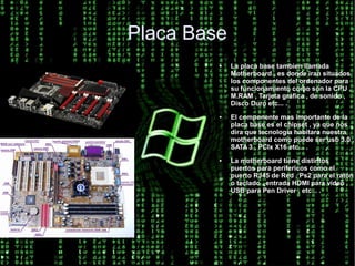 Placa Base
         ●   La placa base tambien llamada
             Motherboard , es donde iran situados
             los componentes del ordenador para
             su funcionamiento como son la CPU ,
             M.RAM , Tarjeta gráfica , de sonido ,
             Disco Duro etc... .
         ●   El componente mas importante de la
             placa base es el chipset , ya que nos
             dira que tecnología habitara nuestra
             motherboard como puede ser usb 3.0 ,
             SATA 3 , PCIx X16 etc... .
         ●   La motherboard tiéne distintos
             puertos para perifericos como el
             puerto RJ45 de Red , Ps2 para el ratón
             o teclado , entrada HDMI para vídeo ,
             USB para Pen Driver , etc... .
 