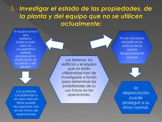 El equipo ocioso
       que
     parezca                                No es necesario
  inade-cuado                                reclasificar los
     para un                                  activos de la
  uso operativo                                  planta
     deberá                                 temporalmente
 excluirse en la                                ociosos
clasificación de       Los terrenos, los
 la planta y del    edificios y el equipo
     equipo.
                          que no estén
                     utilizándose han de
                    investigarse a fondo
                     para determinar las
                     posibilidades de su
                                                   la
  Los auditores        uso futuro en las
                          operaciones.       depreciación
 considerarán si
 el valor neto en                                puede
   libros puede                              proseguir a su
recuperarse con                              ritmo normal.
 el uso futuro de
  operaciones
 