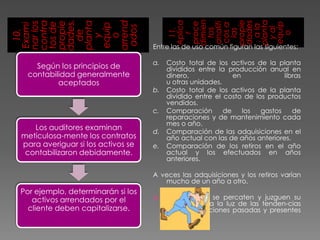 dimien
dades,




                                        planta
                                        propie
                                        Aplica
contra




arrend
planta




                                        dades
propie
nar los




                                        proce

                                        analíti
tos de




                                        equip
Exami




equip




                                        cos a


                                         , a la
 ados




                                          y al
                                           tos
                                           11.




                                           las
  10.




  de




                                            o
                                            r
   o
   y
                                   Entre las de uso común figuran las siguientes:

                                   a.   Costo total de los activos de la planta
   Según los principios de              divididos entre la producción anual en
 contabilidad generalmente              dinero,              en             libras
         aceptados                      u otras unidades.
                                   b.   Costo total de los activos de la planta
                                        dividido entre el costo de los productos
                                        vendidos.
                                   c.   Comparación       de    los  gastos    de
                                        reparaciones y de mantenimiento cada
                                        mes o año.
   Los auditores examinan
                                   d.   Comparación de las adquisiciones en el
meticulosa-mente los contratos          año actual con las de años anteriores.
para averiguar si los activos se   e.   Comparación de los retiros en el año
 contabilizaron debidamente.            actual y los efectuados en años
                                        anteriores.

                                   A veces las adquisiciones y los retiros varían
                                      mucho de un año a otro.
Por ejemplo, determinarán si los
   activos arrendados por el           los auditores se percaten y juzguen su
                                        verosimilitud a la luz de las tenden-cias
  cliente deben capitalizarse.          en las operaciones pasadas y presentes
                                        del cliente.
 