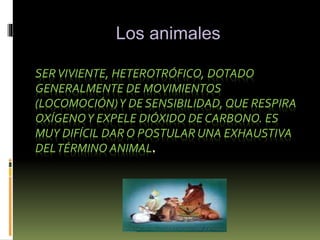 SERVIVIENTE, HETEROTRÓFICO, DOTADO
GENERALMENTE DE MOVIMIENTOS
(LOCOMOCIÓN)Y DE SENSIBILIDAD, QUE RESPIRA
OXÍGENOY EXPELE DIÓXIDO DE CARBONO. ES
MUY DIFÍCIL DAR O POSTULAR UNA EXHAUSTIVA
DELTÉRMINO ANIMAL.
Los animales
 