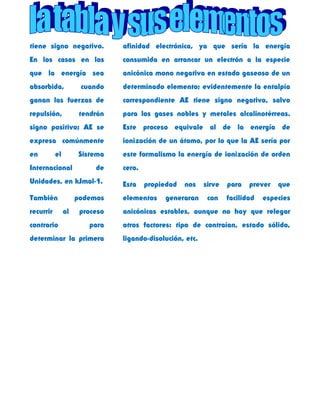 tiene signo negativo.
En los casos en los
que la energía sea
absorbida, cuando
ganan las fuerzas de
repulsión, tendrán
signo positivo; AE se
expresa comúnmente
en el Sistema
Internacional de
Unidades, en kJmol-1.
También podemos
recurrir al proceso
contrario para
determinar la primera
afinidad electrónica, ya que sería la energía
consumida en arrancar un electrón a la especie
anicónica mono negativa en estado gaseoso de un
determinado elemento; evidentemente la entalpía
correspondiente AE tiene signo negativo, salvo
para los gases nobles y metales alcalinotérreos.
Este proceso equivale al de la energía de
ionización de un átomo, por lo que la AE sería por
este formalismo la energía de ionización de orden
cero.
Esta propiedad nos sirve para prever que
elementos generaran con facilidad especies
anicónicas estables, aunque no hay que relegar
otros factores: tipo de contraían, estado sólido,
ligando-disolución, etc.
 