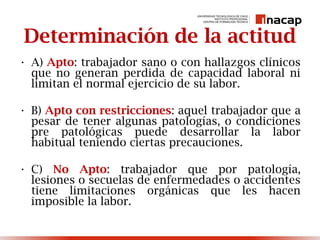 Determinación de la actitud
• A) Apto: trabajador sano o con hallazgos clínicos
que no generan perdida de capacidad laboral ni
limitan el normal ejercicio de su labor.
• B) Apto con restricciones: aquel trabajador que a
pesar de tener algunas patologías, o condiciones
pre patológicas puede desarrollar la labor
habitual teniendo ciertas precauciones.
• C) No Apto: trabajador que por patología,
lesiones o secuelas de enfermedades o accidentes
tiene limitaciones orgánicas que les hacen
imposible la labor.
 