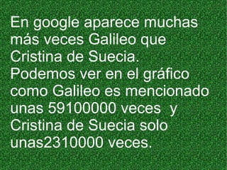 En google aparece muchas
más veces Galileo que
Cristina de Suecia.
Podemos ver en el gráfico
como Galileo es mencionado
unas 59100000 veces y
Cristina de Suecia solo
unas2310000 veces.
 