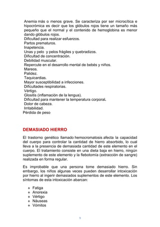9
Anemia más o menos grave. Se caracteriza por ser microcítica e
hipocrómica es decir que los glóbulos rojos tiene un tamaño más
pequeño que el normal y el contenido de hemoglobina es menor
dando glóbulos rojos.
Dificultad para realizar esfuerzos.
Partos prematuros.
Inapetencia.
Unas y pelo y pelos frágiles y quebradizos.
Dificultad de concentración.
Debilidad muscular.
Repercute en el desarrollo mental de bebés y niños.
Mareos.
Palidez.
Taquicardias.
Mayor susceptibilidad a infecciones.
Dificultades respiratorias.
Vértigo.
Glositis (inflamación de la lengua).
Dificultad para mantener la temperatura corporal.
Dolor de cabeza.
Irritabilidad.
Pérdida de peso
DEMASIADO HIERRO
El trastorno genético llamado hemocromatosis afecta la capacidad
del cuerpo para controlar la cantidad de hierro absorbido, lo cual
lleva a la presencia de demasiada cantidad de este elemento en el
cuerpo. El tratamiento consiste en una dieta baja en hierro, ningún
suplemento de este elemento y la flebotomía (extracción de sangre)
realizada en forma regular.
Es improbable que una persona tome demasiado hierro. Sin
embargo, los niños algunas veces pueden desarrollar intoxicación
por hierro al ingerir demasiados suplementos de este elemento. Los
síntomas de esta intoxicación abarcan:
 Fatiga
 Anorexia
 Vértigo
 Náuseas
 Vómitos
 