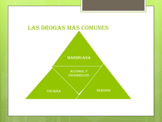 LAS DROGAS MÁS COMUNES
MARIHUANA
COCAINA
ALCOHOL Y
CIGARRILLOS
HEROINA
 