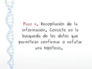 Paso 4. Recopilación de la
información. Consiste en la
búsqueda de los datos que
permitirán confirmar o refutar
una hipótesis.

 