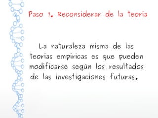 Paso 7. Reconsiderar de la teoría

La naturaleza misma de las
teorías empíricas es que pueden
modificarse según los resultados
de las investigaciones futuras.

 
