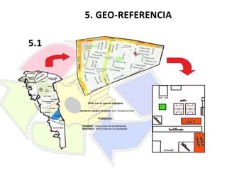 5. GEO-REFERENCIA
5.1

Ciclo I en el que se trabajara
Ubicación espacio temporal: ciclo I bloque primaria

Población:
PRIMERO: 140/4 cursos de 35 estudiantes
SEGUNDO: 160/5 cursos de 32 estudiantes

 