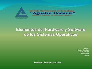 Elementos del Hardware y Software
de los Sistemas Operativos

Autor:
Carlos Escobar
C.I 20.101.131
Informática
11-A-N

Barinas, Febrero de 2014

 