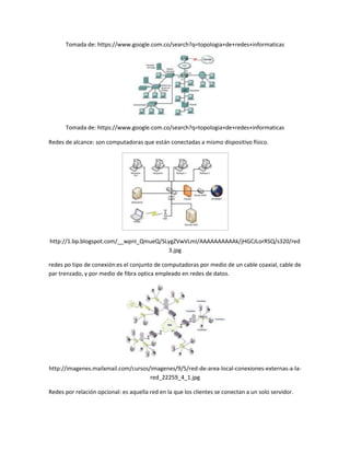 Tomada de: https://www.google.com.co/search?q=topologia+de+redes+informaticas
Tomada de: https://www.google.com.co/search?q=topologia+de+redes+informaticas
Redes de alcance: son computadoras que están conectadas a mismo dispositivo físico.
http://1.bp.blogspot.com/__wpnI_QmueQ/SLygZVwVLmI/AAAAAAAAAAk/jHGCJLorRSQ/s320/red
3.jpg
redes po tipo de conexión:es el conjunto de computadoras por medio de un cable coaxial, cable de
par trenzado, y por medio de fibra optica empleado en redes de datos.
http://imagenes.mailxmail.com/cursos/imagenes/9/5/red-de-area-local-conexiones-externas-a-la-
red_22259_4_1.jpg
Redes por relación opcional: es aquella red en la que los clientes se conectan a un solo servidor.
 