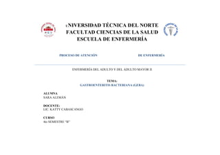 UNIVERSIDAD TÉCNICA DEL NORTE
FACULTAD CIENCIAS DE LA SALUD
ESCUELA DE ENFERMERÍA
PROCESO DE ATENCIÓN DE ENFERMERÍA
ENFERMERÍA DEL ADULTO Y DEL ADULTO MAYOR II
TEMA:
GASTROENTERITIS BACTERIANA (GEBA)
ALUMNA
SARA ALEMÁN
DOCENTE:
LIC. KATTY CABASCANGO
CURSO
4to SEMESTRE “B”
 