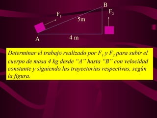 4 m
5m
F1
F2
A
B
Determinar el trabajo realizado por F1 y F2 para subir el
cuerpo de masa 4 kg desde “A” hasta “B” con velocidad
constante y siguiendo las trayectorias respectivas, según
la figura.
 