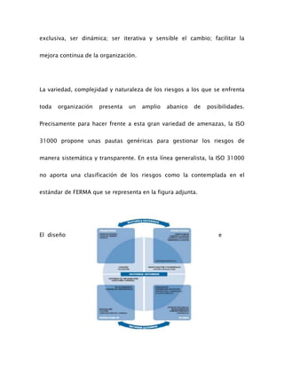 exclusiva, ser dinámica; ser iterativa y sensible el cambio; facilitar la
mejora continua de la organización.
La variedad, complejidad y naturaleza de los riesgos a los que se enfrenta
toda organización presenta un amplio abanico de posibilidades.
Precisamente para hacer frente a esta gran variedad de amenazas, la ISO
31000 propone unas pautas genéricas para gestionar los riesgos de
manera sistemática y transparente. En esta línea generalista, la ISO 31000
no aporta una clasificación de los riesgos como la contemplada en el
estándar de FERMA que se representa en la figura adjunta.
El diseño e
 