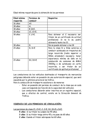Edad mínima requerida para la obtención de los permisos:
Edad mínima
requerida
Permisos de
conducir
Requisitos
16 años A1
18 años A,
18 años B ,B+E,
18 años C1, C1+E,
18 años C ,C+E. Para obtener el C necesario ser
titular de un certificado de actitud
profesional. Si no lo es, podrá
obtenerlo hasta los 21.
18 años D No se puede obtener a los 18
21 años D, D+E Para la clase D y D1se autoriza a
conducir autobuses en trayectos de
largo recorrido (radio superior a
50km alrededor) necesario tener
experiencia mínima de 1año en la
conducción de camiones de MMA
3500kg o de autobuses en corto
recorrido, o ser titular de un
certificado de aptitud profesional.
21 años D1, D1+E
Los conductores de los vehículos destinados al transporte de mercancías
peligrosas deberán estar en posesión de una autorización especial, que será
expedida por la jefatura provincial de tráfico.
Para la conducción de transporte escolares o de menores:
- Estar en posesión del permiso de conducir de la clase que en cada
caso corresponda (en función de la capacidad del vehículo).
- Los conductores deberán estar inscritos en un registro especial,
que a efectos de control, existe en la Dirección General de
Tráfico.
VIGENCIA DE LOS PERMISOS DE CIRCULACIÓN:
Los permisos de clase C1, C1+E, C, C+E, D1, D1+E y D+E:
5 años: Si su titular no cumpla los 45 años.
3 años: Si su titular tenga entre 45 y no pase de 60 años.
2 años: Cuando el titular sobrepasa los 60 años.
 
