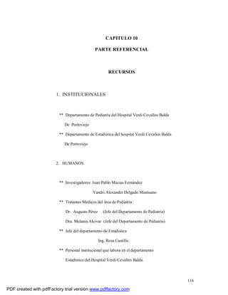 116
CAPITULO 10
PARTE REFERENCIAL
RECURSOS
1. INSTITUCIONALES
** Departamento de Pediatría del Hospital Verdi Cevallos Balda
De Portoviejo
** Departamento de Estadística del hospital Verdi Cevallos Balda
De Portoviejo
2. HUMANOS
** Investigadores: Juan Pablo Macias Fernández
Yandri Alexander Delgado Mantuano
** Tratantes Médicos del área de Pediatría:
Dr. Augusto Pérez (Jefe del Departamento de Pediatría)
Dra. Melania Alcívar (Jefe del Departamento de Pediatría)
** Jefe del departamento de Estadística
Ing. Rosa Castillo.
** Personal institucional que labora en el departamento
Estadístico del Hospital Verdi Cevallos Balda.
PDF created with pdfFactory trial version www.pdffactory.com
 