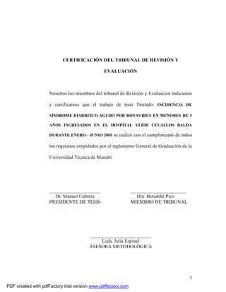 5
CERTIFICACIÓN DEL TRIBUNAL DE REVISIÓN Y
EVALUACIÓN
Nosotros los miembros del tribunal de Revisión y Evaluación indicamos
y certificamos que el trabajo de tesis Titulado: INCIDENCIA DE
SÍNDROME DIARREICO AGUDO POR ROTAVIRUS EN MENORES DE 3
AÑOS INGRESADOS EN EL HOSPITAL VERDI CEVALLOS BALDA
DURANTE ENERO - JUNIO 2005 se realizó con el cumplimiento de todos
los requisitos estipulados por el reglamento General de Graduación de la
Universidad Técnica de Manabí.
_____________________ _______________________
Dr. Manuel Cabrera Dra. Betsabhé Pico
PRESIDENTE DE TESIS MIEMBRO DE TRIBUNAL
_________________________
Lcda. Julia Espinel
ASESORA METODOLÓGICA
PDF created with pdfFactory trial version www.pdffactory.com
 