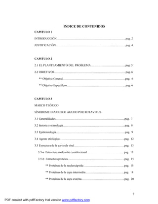 7
INDICE DE CONTENIDOS
CAPITULO 1
INTRODUCCIÓN……………………………………………….……………..pag. 2
JUSTIFICACIÓN……………………………………………….……………...pag. 4
CAPITULO 2
2.1 EL PLANTEAMIENTO DEL PROBLEMA………………………….…...pag. 5
2.2 OBJETIVOS……………………………………………………….……….pag. 6
** Objetivo General……………………………………………….……….pag. 6
** Objetivo Específicos…………………………………………….……....pag. 6
CAPITULO 3
MARCO TEÓRICO
SÍNDROME DIARREICO AGUDO POR ROTAVIRUS
3.1 Generalidades………………………………………………………….......pag. 7
3.2 historia y etimología……………………………………………………….pag. 8
3.3 Epidemiología……………………………………………….……………..pag. 9
3.4 Agente etiológico………………………………………………………….pag. 12
3.5 Estructura de la partícula viral…………………………………………….pag. 13
3.5-a Estructura molecular constitucional………………………………...pag. 13
3.5-b Estructura proteica…………………………………………….…….pag. 15
** Proteínas de la nucleocápside……………………………………pag. 15
** Proteínas de la capa intermedia………………………………….pag. 18
** Proteínas de la capa externa……………………………….……..pag. 20
PDF created with pdfFactory trial version www.pdffactory.com
 