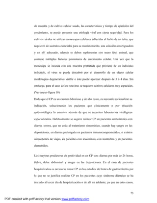 73
de muestra y de cultivo celular usado, las características y tiempo de aparición del
crecimiento, se puede presumir una etiología viral con cierta seguridad. Para los
cultivos virales se utilizan monocapas celulares adheridas al lecho de un tubo, que
requieren de sustratos esenciales para su mantenimiento, una solución amortiguadora
y un pH adecuado, además se deben suplementar con suero fetal animal, que
contiene múltiples factores promotores de crecimiento celular. Una vez que la
monocapa se inocula con una muestra pretratada que proviene de un individuo
infectado, el virus se puede descubrir por el desarrollo de un efecto celular
morfológico degenerativo visible o éste puede aparecer después de 3 ó 4 días. Sin
embargo, para el caso de los rotavirus se requiere cultivos celulares muy especiales.
(Ver anexo-figura 10)
Dado que el CP es un examen laborioso y de alto costo, es necesario racionalizar su
indicación, seleccionando los pacientes que clínicamente o por situación
epidemiológica lo ameriten además de que se necesitan laboratorios virológicos
especializados. Habitualmente se sugiere realizar CP en pacientes ambulatorios con
diarrea severa, que no ceda al tratamiento sintomático, cuando hay sangre en las
deposiciones, en diarrea prolongada en pacientes inmunocomprometidos, si existen
antecedentes de viajes, en pacientes con leucocitosis con neutrofilia y en pacientes
desnutridos.
Los mayores predictores de positividad en un CP son: diarrea por más de 24 horas,
fiebre, dolor abdominal y sangre en las deposiciones. En el caso de pacientes
hospitalizados es necesario tomar CP en los estudios de brotes de gastroenteritis por
lo que no se justifica realizar CP en los pacientes cuyo síndrome diarreico se ha
iniciado al tercer día de hospitalización o de allí en adelante, ya que en estos casos,
PDF created with pdfFactory trial version www.pdffactory.com
 