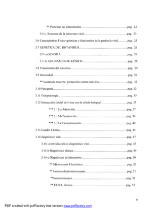 8
** Proteínas no estructurales………………………………………..pag. 22
3.5-c Resumen de la estructura viral……………………………………..pag. 23
3.6 Características Físico-químicas y funcionales de la partícula viral……….pag. 25
3.7 GENETICA DEL ROTAVIRUS………………………………………….pag. 26
3.7- a GENOMA………….……………………………………………….pag. 26
3.7- b ASIGNAMIENTO GÉNICO.……………………………………....pag. 28
3.8 Transmisión del rotavirus………………………………………………….pag. 29
3.9 Inmunidad………………………………………………………………….pag. 30
** Lactancia materna: protección contra rotavirus………………………..pag. 32
3.10 Patogenia…………………………………………………………………pag. 32
3.11 Fisiopatología…………………………………………………………….pag. 35
3.12 Interacción Inicial del virus con la célula huésped……………...……….pag. 37
*** 3.12-a Adsorción……………………………………...……...pag. 37
*** 3.12-b Penetración………………………………….….…….pag. 39
*** 3.12-c Desnudamiento………………………………….……pag. 40
3.13 Cuadro Clínico...…………………………………………………….…..pag. 45
3.14 diagnóstico viral…………………………………………………….…...pag. 47
3.14- a Introducción al diagnóstico viral……………………………….. pag. 47
3.14-b Diagnóstico clínico…………………………………………….....pag. 49
3.14-c Diagnóstico de laboratorio…………………………………..…...pag. 50
** Microscopia Electrónica………………………………………pag. 50
** Inmunoelectromicroscopia……………………………………pag. 51
**Inmunoensayos…………………………………………….....pag. 52
** ELISA, técnica……………………………………………....pag. 52
PDF created with pdfFactory trial version www.pdffactory.com
 