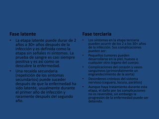 Fase latente
• La etapa latente puede durar de 2
años a 30+ años después de la
infección y es definida como la
etapa sin señales ni síntomas. La
prueba de sangre es casi siempre
positiva y es así como se
descubre la enfermedad.
• Una recaída secundaria
(repetición de los síntomas
secundarios) puede suceder
después de que la enfermedad ha
sido latente, usualmente durante
el primer año de infección y
raramente después del segundo
año.
Fase terciaria
• Los síntomas en la etapa terciaria
pueden ocurrir de los 2 a los 30+ años
de la infección. Sus complicaciones
pueden ser:
• Pequeños tumores pueden
desarrollarse en la piel, huesos o
cualquier otro órgano del cuerpo.
• Complicaciones del corazón y vasos
sanguíneos (primordialmente un
engrandecimiento de la aorta)
• Desordenes crónicos del sistema
nervioso (ceguera, locura, parálisis)
• Aunque haya tratamiento durante esta
etapa, el daño por las complicaciones
no es reversible, sin embargo la
progresión de la enfermedad puede ser
detenida.
 