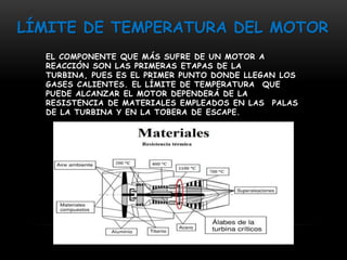 LÍMITE DE TEMPERATURA DEL MOTOR 
EL COMPONENTE QUE MÁS SUFRE DE UN MOTOR A 
REACCIÓN SON LAS PRIMERAS ETAPAS DE LA 
TURBINA, PUES ES EL PRIMER PUNTO DONDE LLEGAN LOS 
GASES CALIENTES. EL LÍMITE DE TEMPERATURA QUE 
PUEDE ALCANZAR EL MOTOR DEPENDERÁ DE LA 
RESISTENCIA DE MATERIALES EMPLEADOS EN LAS PALAS 
DE LA TURBINA Y EN LA TOBERA DE ESCAPE. 
 