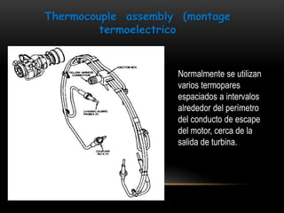 Thermocouple assembly (montage 
termoelectrico 
Normalmente se utilizan 
varios termopares 
espaciados a intervalos 
alrededor del perímetro 
del conducto de escape 
del motor, cerca de la 
salida de turbina. 
 