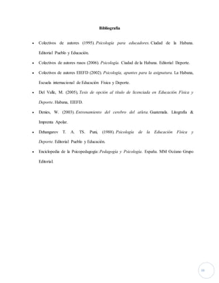 10 
Bibliografía 
 Colectivos de autores (1995). Psicología para educadores. Ciudad de la Habana. 
Editorial Pueblo y Educación. 
 Colectivos de autores rusos (2006). Psicología. Ciudad de la Habana. Editorial Deporte. 
 Colectivos de autores EIEFD (2002). Psicología, apuntes para la asignatura. La Habana, 
Escuela internacional de Educación Física y Deporte. 
 Del Valle, M. (2005), Tesis de opción al título de licenciada en Educación Física y 
Deporte. Habana, EIEFD. 
 Denies, W. (2003). Entrenamiento del cerebro del atleta. Guatemala. Litografía & 
Imprenta Apolar. 
 Dzhangarov T. A. TS. Puni, (1988). Psicología de la Educación Física y 
Deporte. Editorial Pueblo y Educación. 
 Enciclopedia de la Psicopedagogía: Pedagogía y Psicología. España. MM Océano Grupo 
Editorial. 
