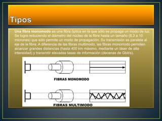 • Una fibra monomodo es una fibra óptica en la que sólo se propaga un modo de luz. 
Se logra reduciendo el diámetro del núcleo de la fibra hasta un tamaño (8,3 a 10 
micrones) que sólo permite un modo de propagación. Su transmisión es paralela al 
eje de la fibra. A diferencia de las fibras multimodo, las fibras monomodo permiten 
alcanzar grandes distancias (hasta 400 km máximo, mediante un láser de alta 
intensidad) y transmitir elevadas tasas de información (decenas de Gbit/s). 
 